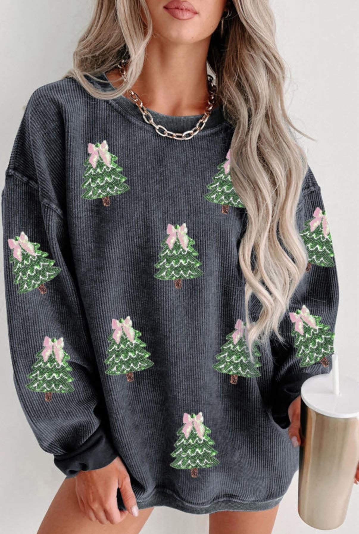 Gray Sequins Christmas Tree Pullover