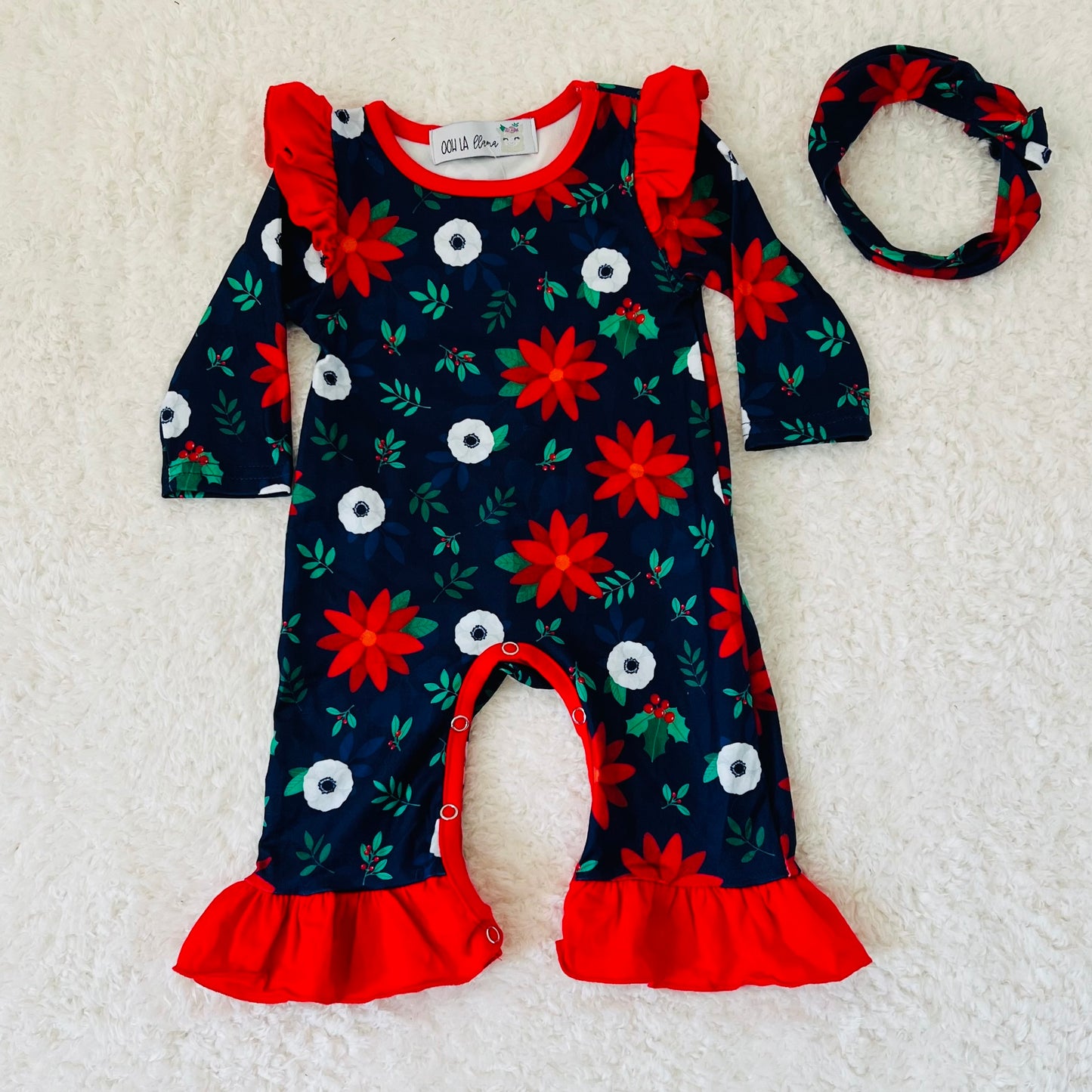 Poinsettia Romper + Tie Head Band