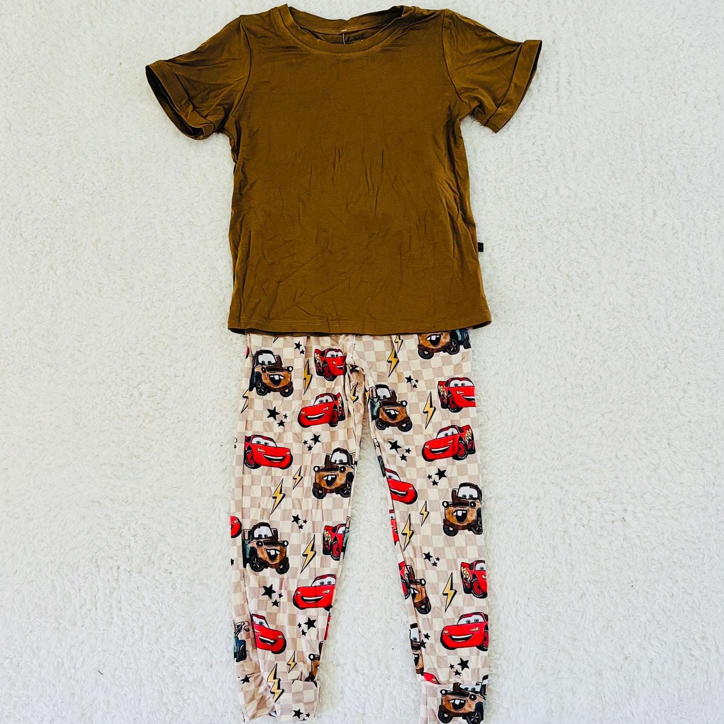Neutral Checkered Cars Bamboo Jogger Set