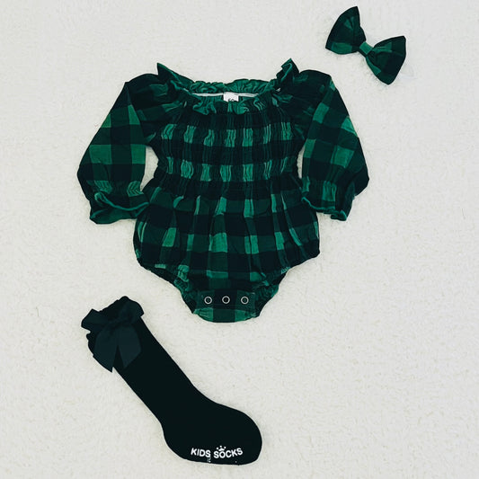 3 Piece Green Plaid Romper (Bow + Socks Included)